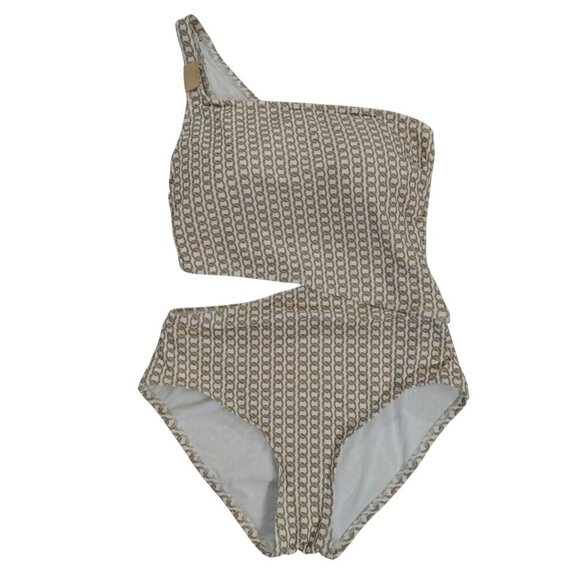 Michael Kors Chain Print One-Shoulder Cutout Swimsuit Size 10 Beige/White. - Picture 2 of 7
